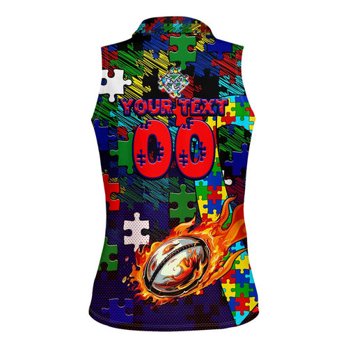 New Zealand Warriors Autism Awareness Women Sleeveless Polo Shirt Puzzle Flames Rugby Ball