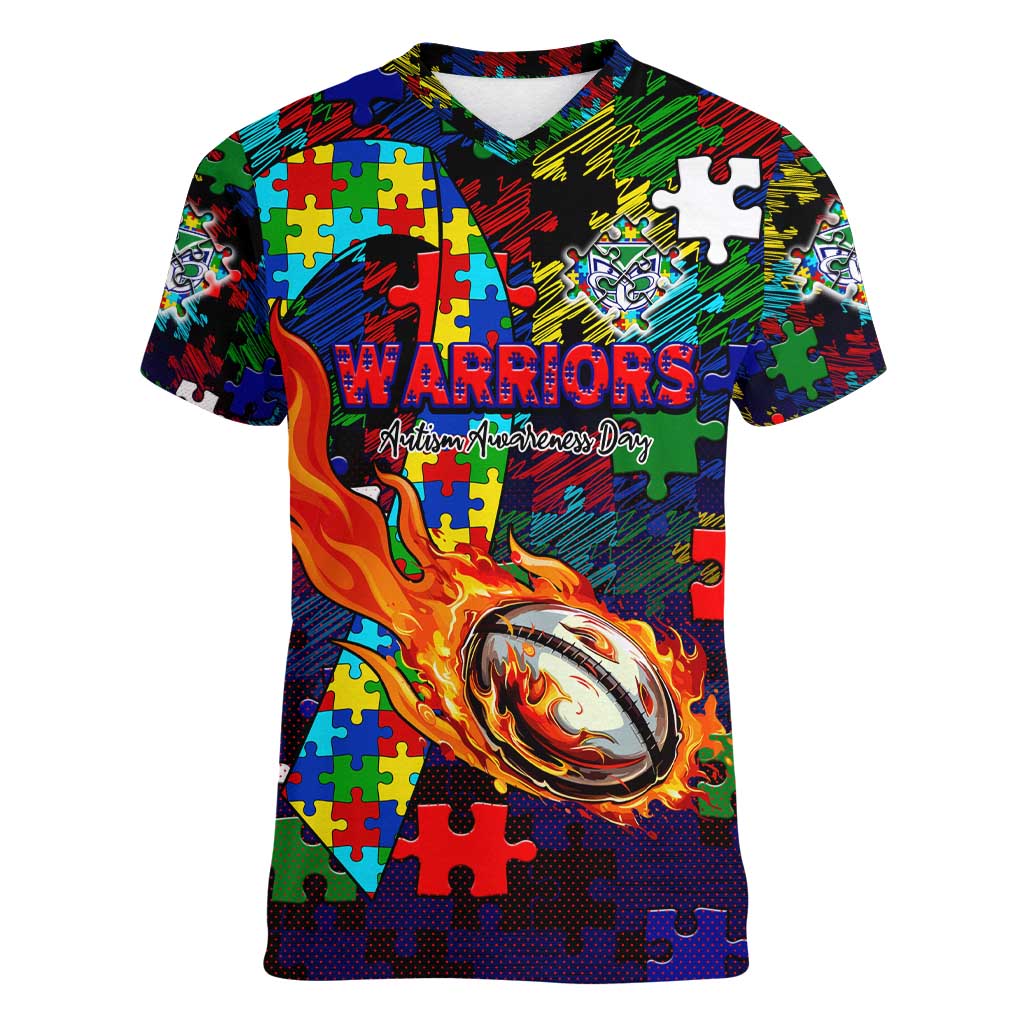 New Zealand Warriors Autism Awareness Women V-Neck T-Shirt Puzzle Flames Rugby Ball