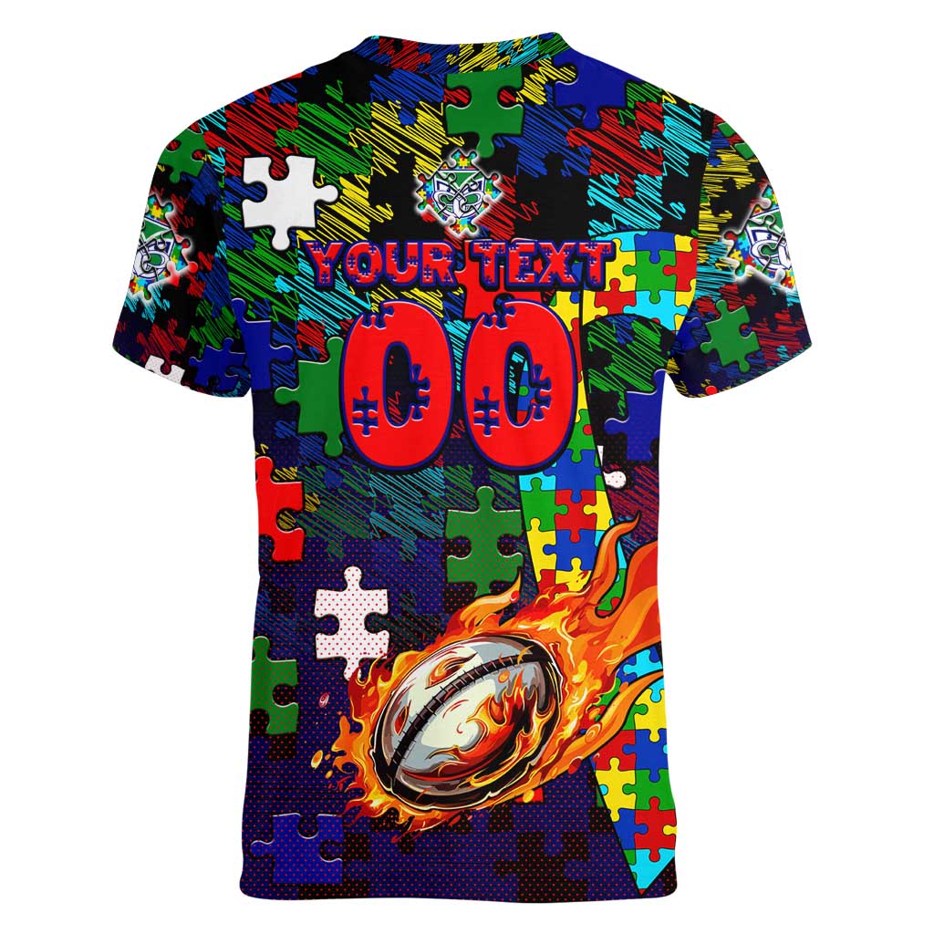 New Zealand Warriors Autism Awareness Women V-Neck T-Shirt Puzzle Flames Rugby Ball