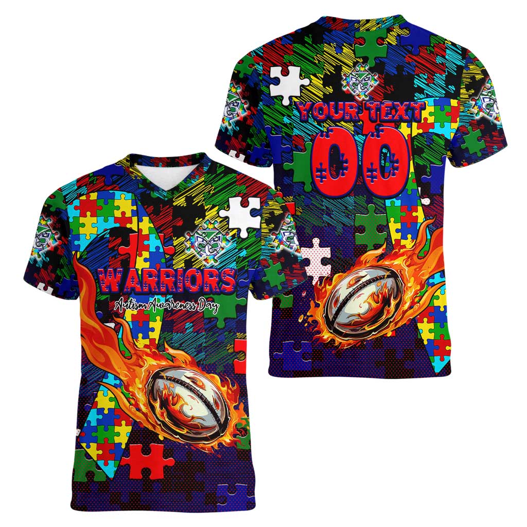 New Zealand Warriors Autism Awareness Women V-Neck T-Shirt Puzzle Flames Rugby Ball