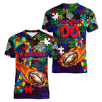 New Zealand Warriors Autism Awareness Women V-Neck T-Shirt Puzzle Flames Rugby Ball