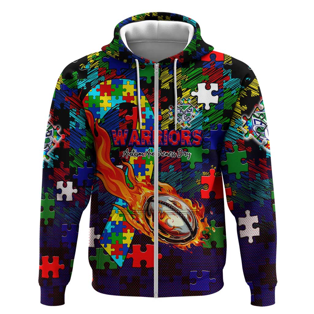 New Zealand Warriors Autism Awareness Zip Hoodie Puzzle Flames Rugby Ball