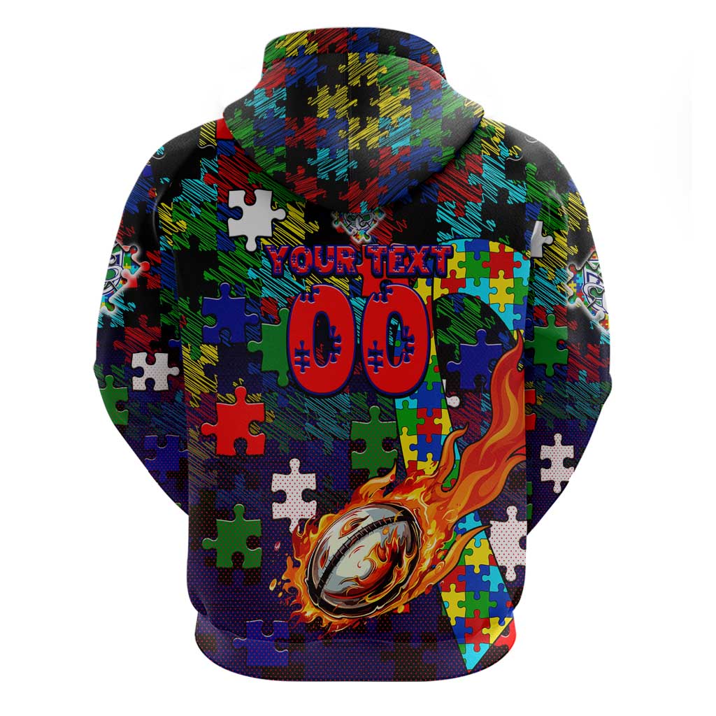 New Zealand Warriors Autism Awareness Zip Hoodie Puzzle Flames Rugby Ball