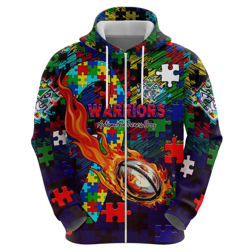 New Zealand Warriors Autism Awareness Zip Hoodie Puzzle Flames Rugby Ball