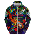 New Zealand Warriors Autism Awareness Zip Hoodie Puzzle Flames Rugby Ball