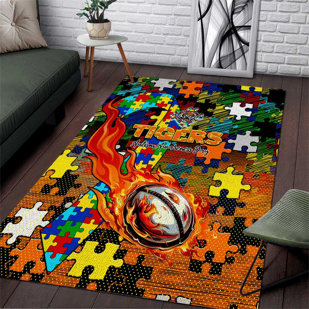 Tigers Autism Awareness Area Rug Puzzle Flames Rugby Ball
