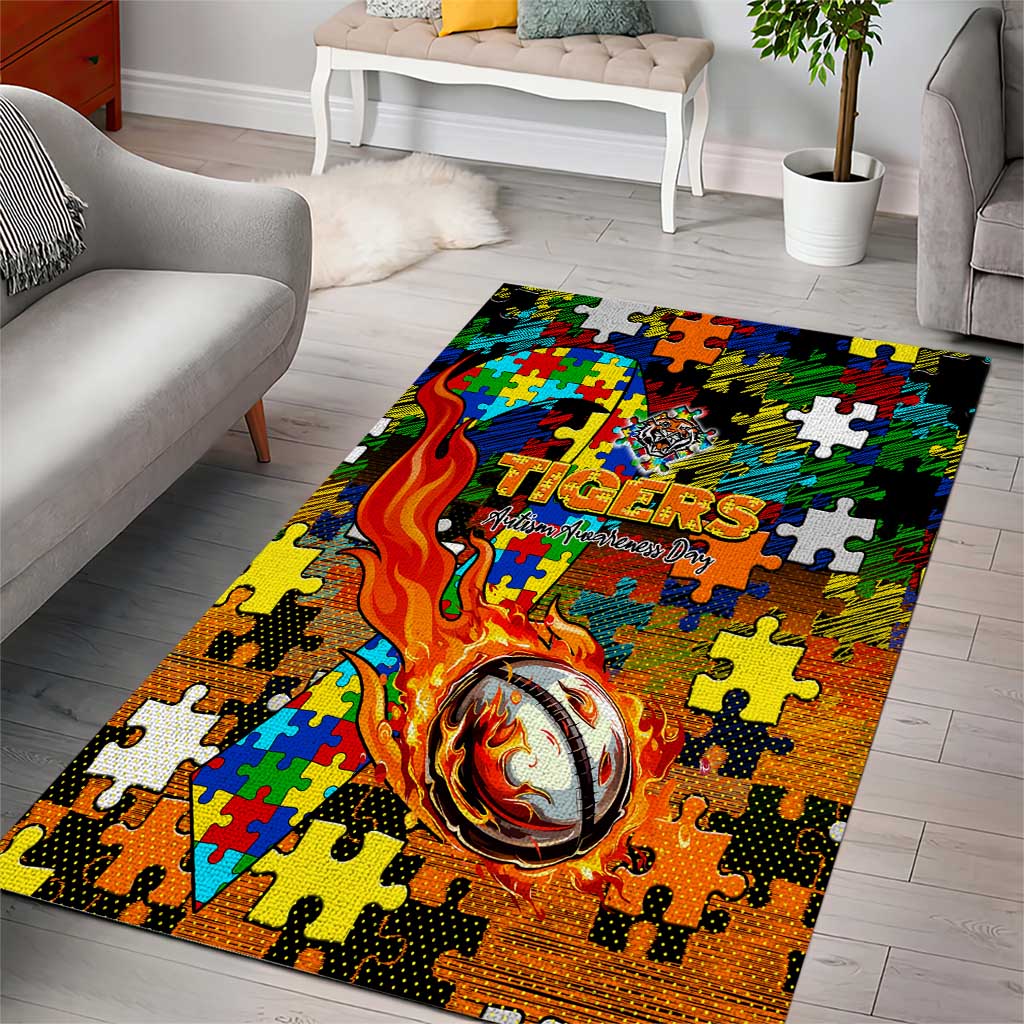 Tigers Autism Awareness Area Rug Puzzle Flames Rugby Ball