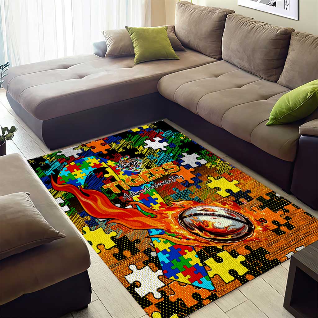 Tigers Autism Awareness Area Rug Puzzle Flames Rugby Ball