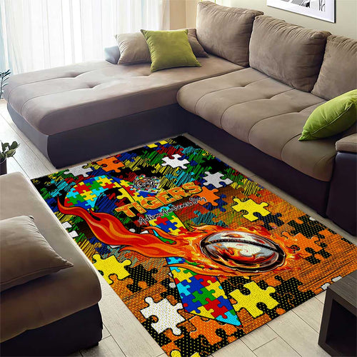 Tigers Autism Awareness Area Rug Puzzle Flames Rugby Ball