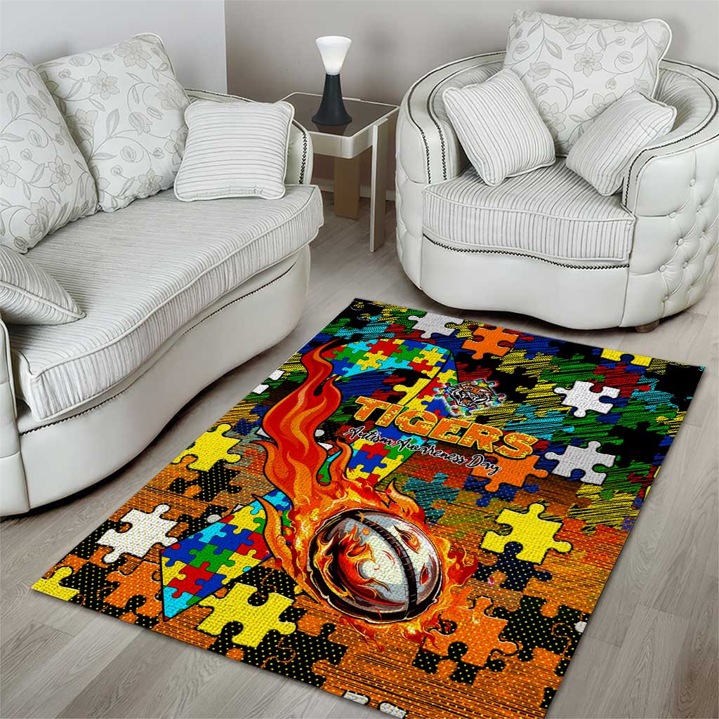 Tigers Autism Awareness Area Rug Puzzle Flames Rugby Ball