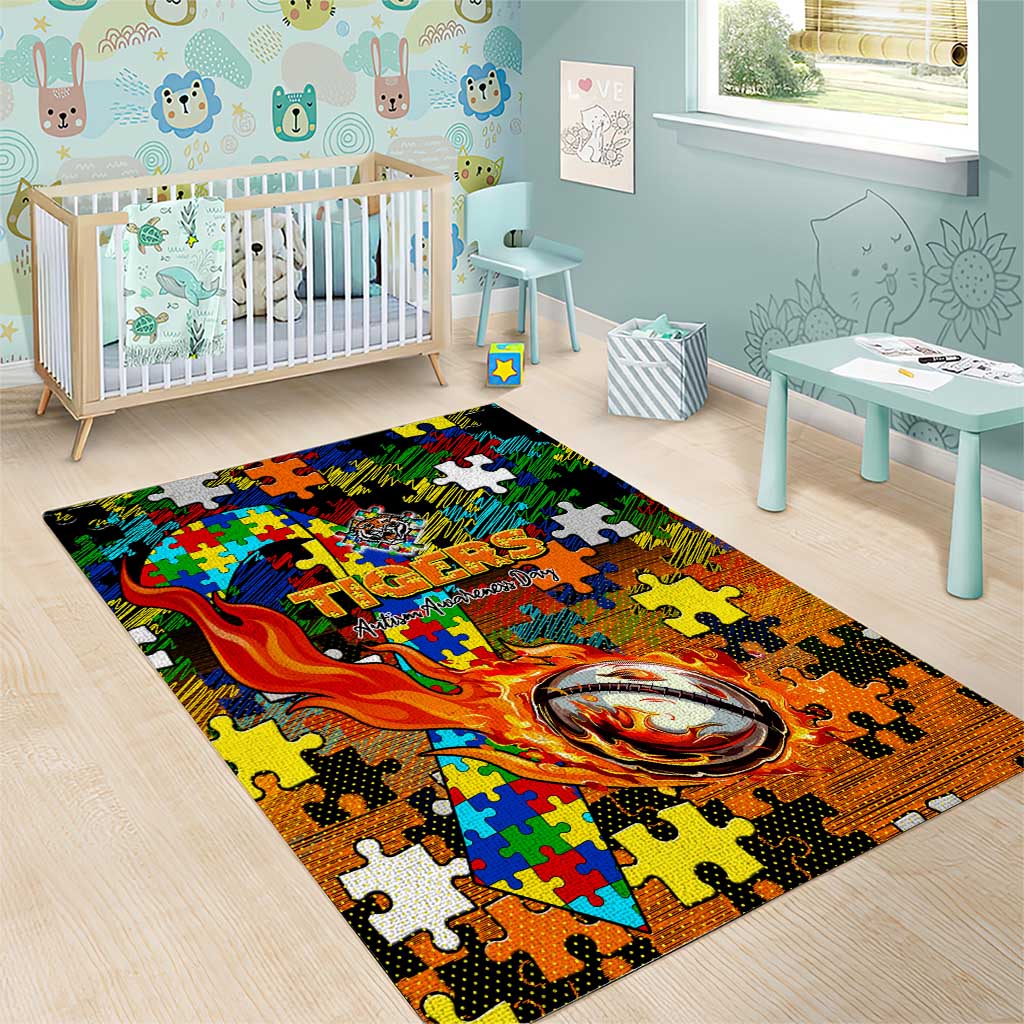 Tigers Autism Awareness Area Rug Puzzle Flames Rugby Ball