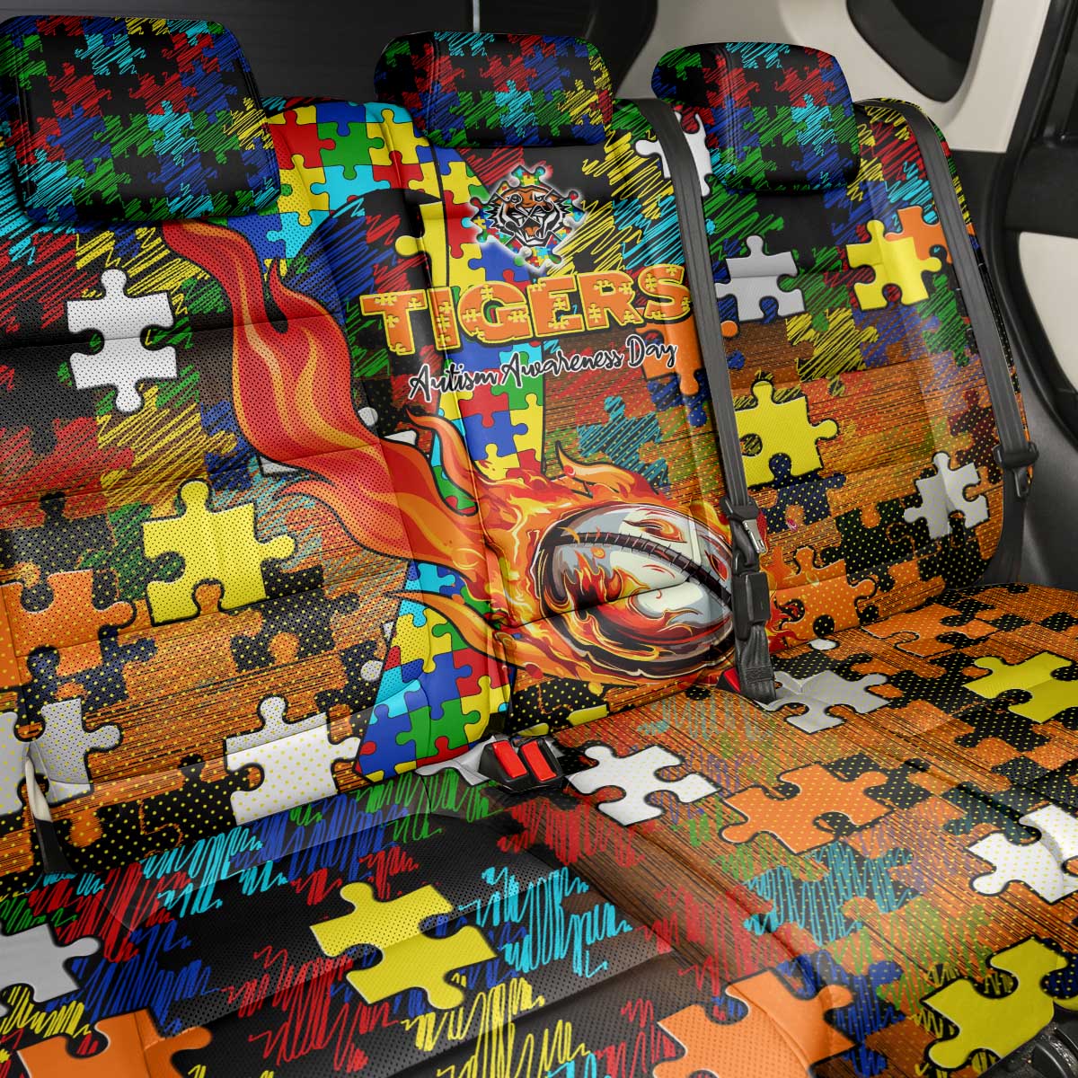 Tigers Autism Awareness Back Car Seat Cover Puzzle Flames Rugby Ball