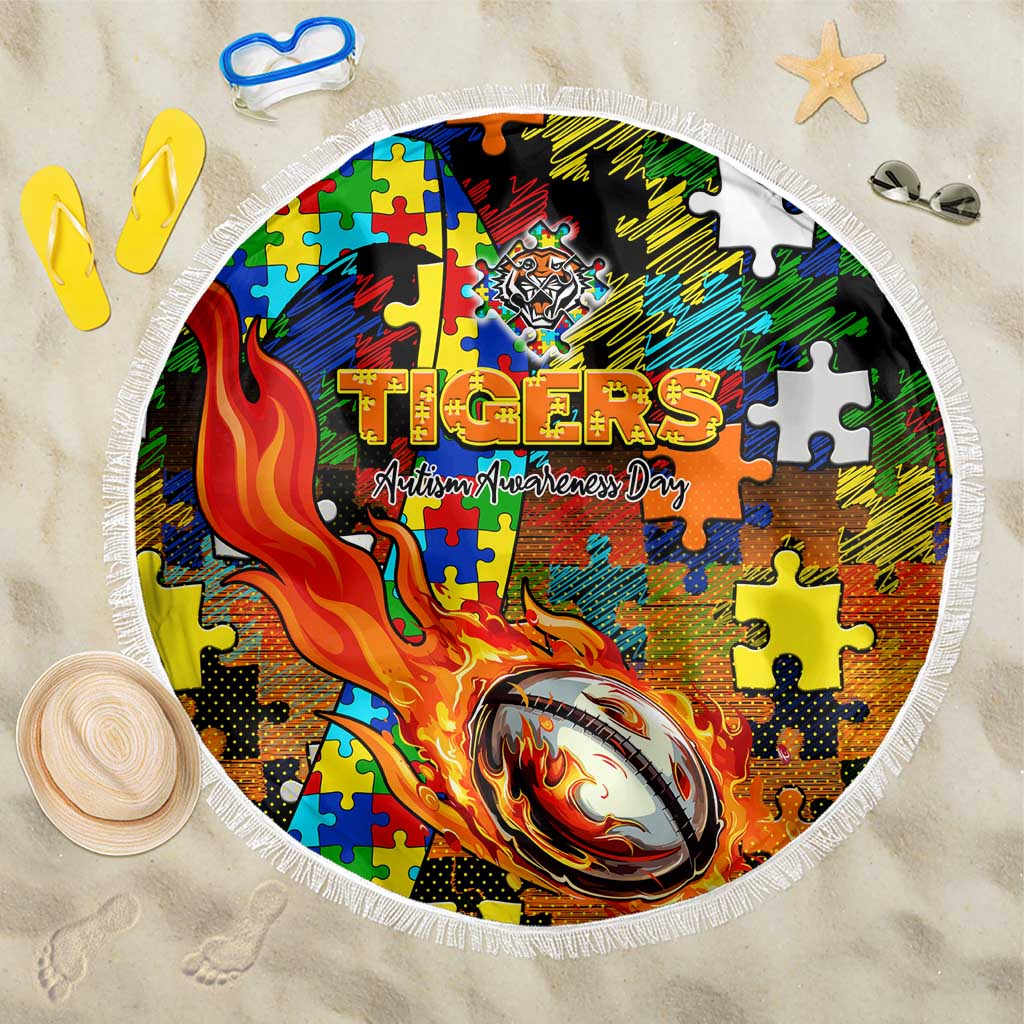 Tigers Autism Awareness Beach Blanket Puzzle Flames Rugby Ball