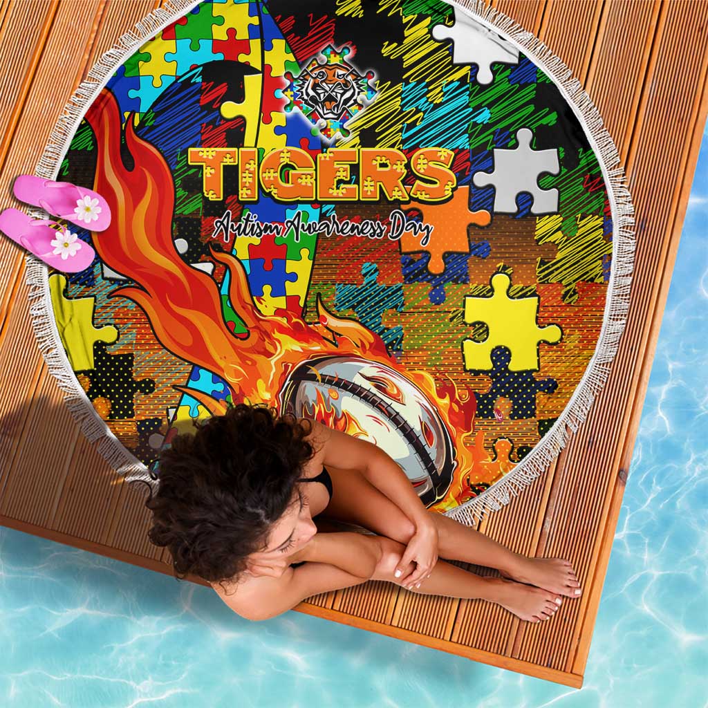 Tigers Autism Awareness Beach Blanket Puzzle Flames Rugby Ball