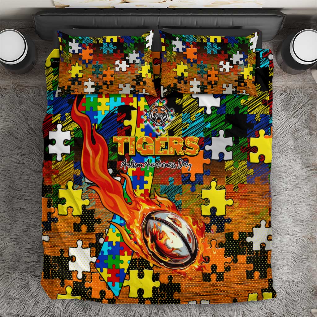 Tigers Autism Awareness Bedding Set Puzzle Flames Rugby Ball