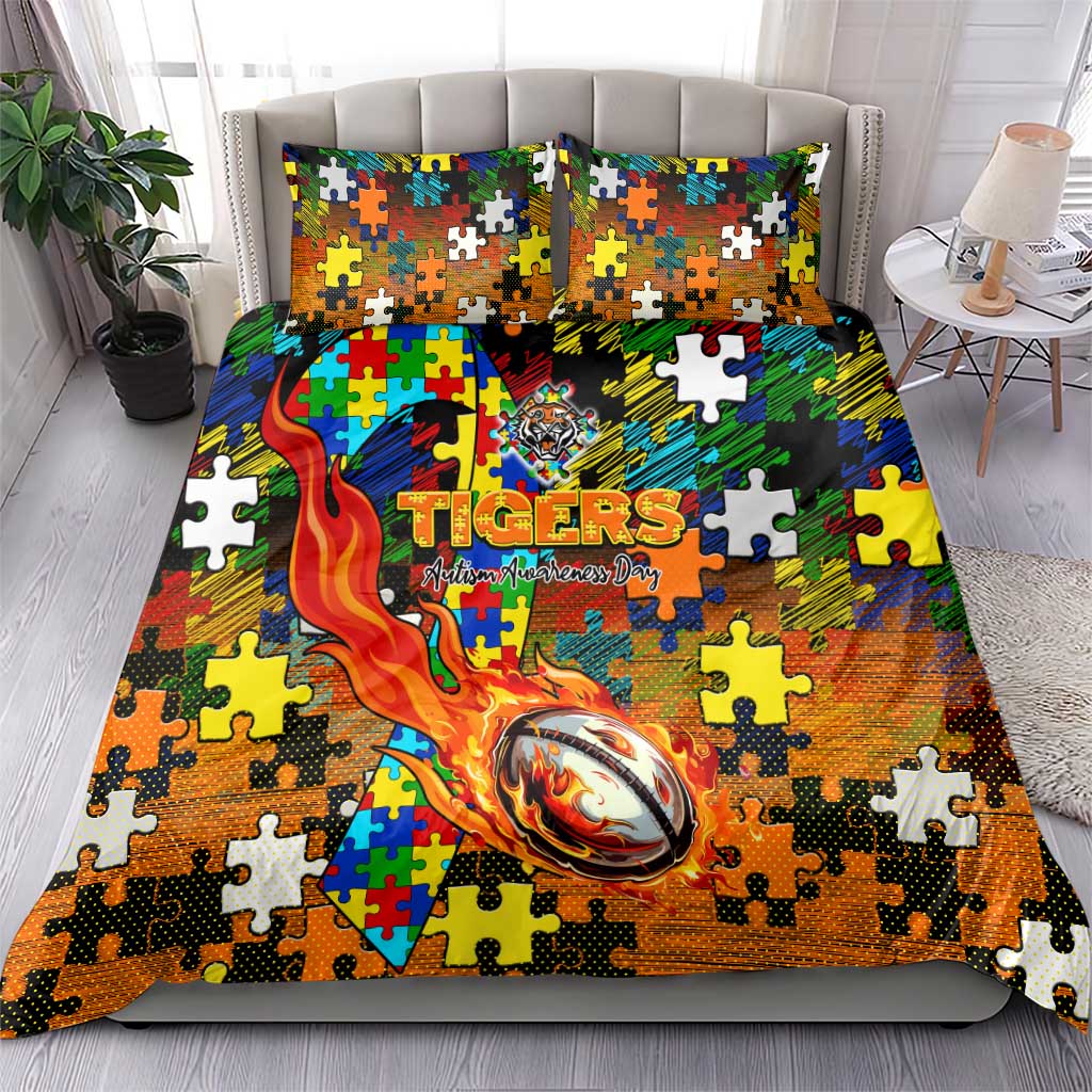 Tigers Autism Awareness Bedding Set Puzzle Flames Rugby Ball