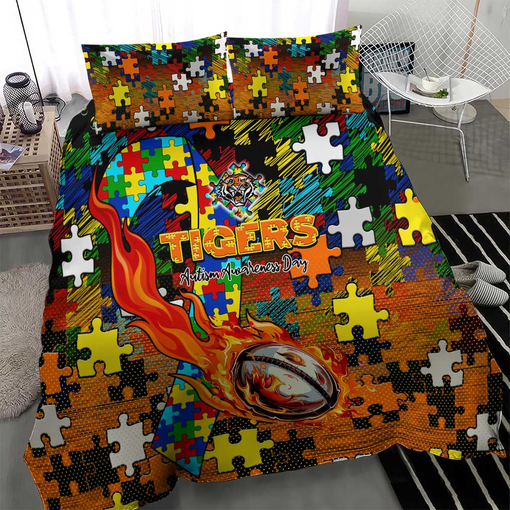 Tigers Autism Awareness Bedding Set Puzzle Flames Rugby Ball