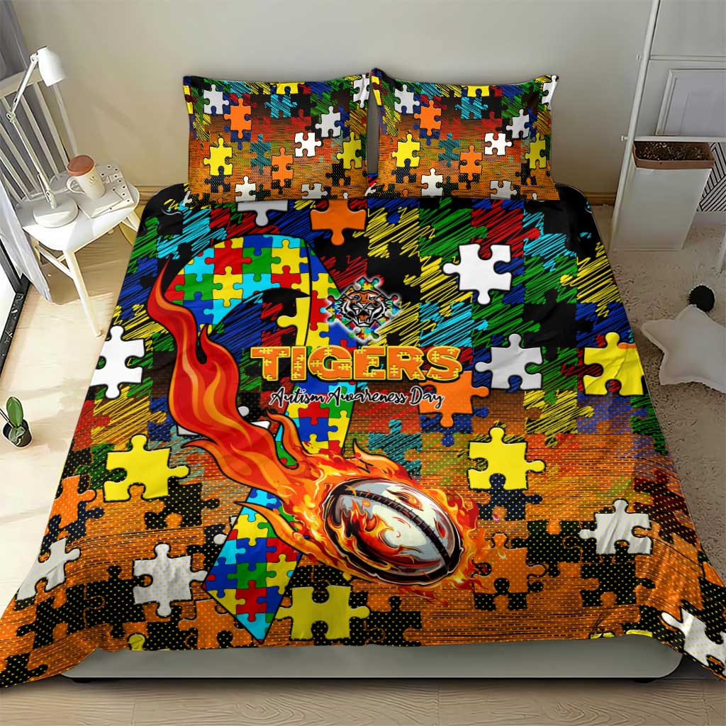 Tigers Autism Awareness Bedding Set Puzzle Flames Rugby Ball