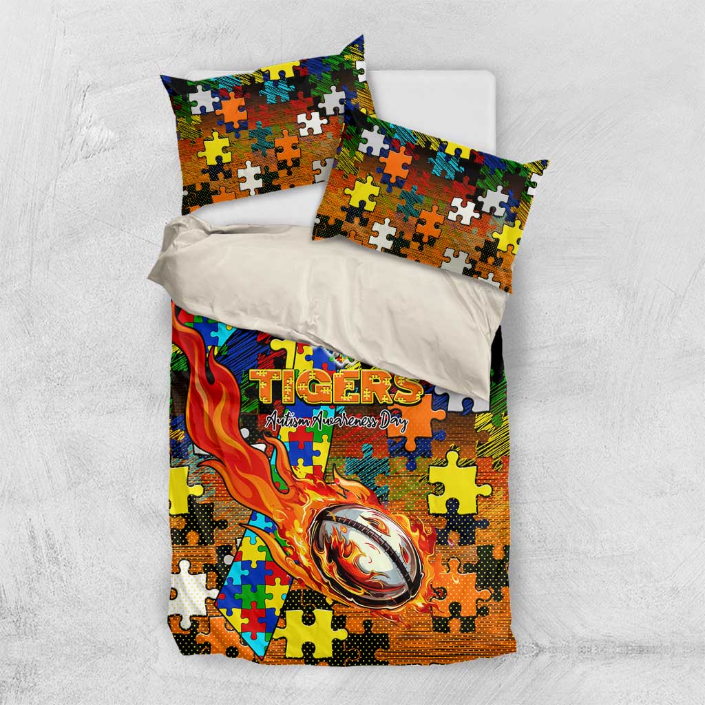Tigers Autism Awareness Bedding Set Puzzle Flames Rugby Ball