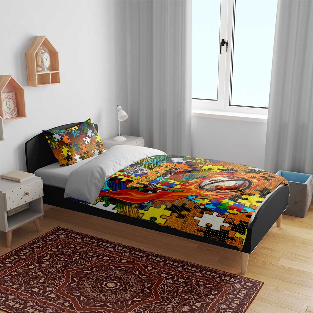 Tigers Autism Awareness Bedding Set Puzzle Flames Rugby Ball
