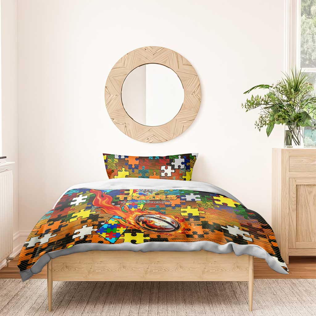 Tigers Autism Awareness Bedding Set Puzzle Flames Rugby Ball