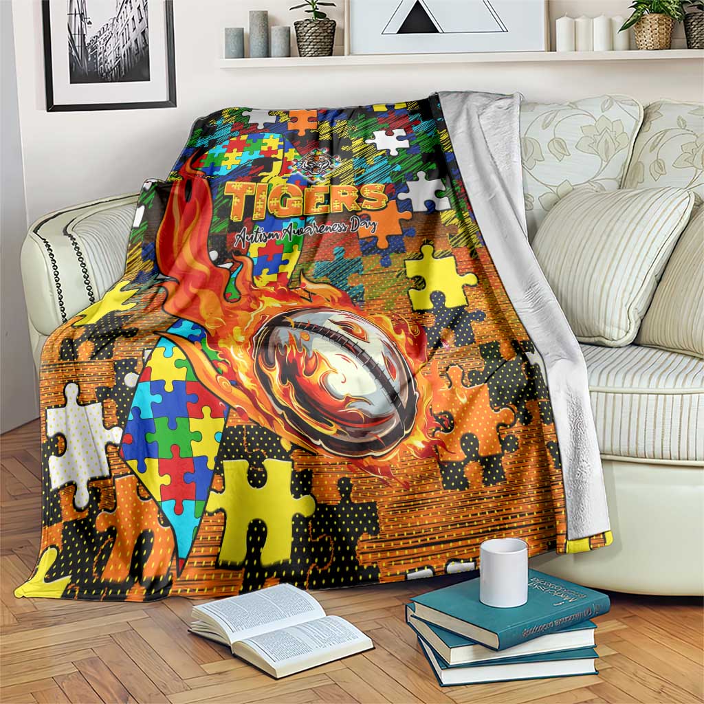 Tigers Autism Awareness Blanket Puzzle Flames Rugby Ball