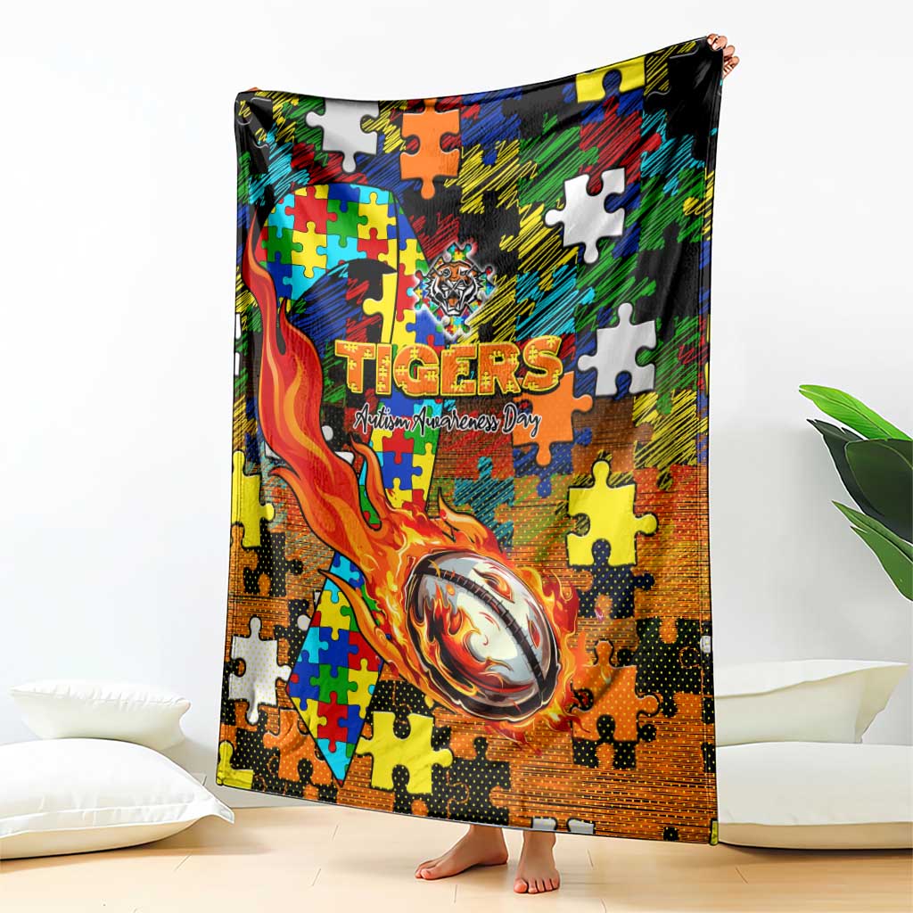 Tigers Autism Awareness Blanket Puzzle Flames Rugby Ball