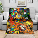 Tigers Autism Awareness Blanket Puzzle Flames Rugby Ball