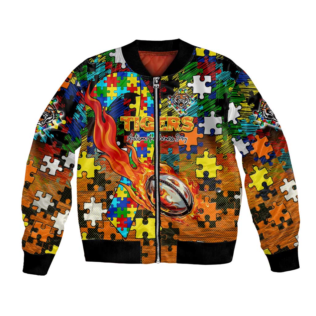 Tigers Autism Awareness Bomber Jacket Puzzle Flames Rugby Ball