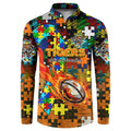 Tigers Autism Awareness Button Sweatshirt Puzzle Flames Rugby Ball