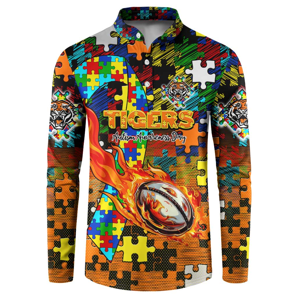 Tigers Autism Awareness Button Sweatshirt Puzzle Flames Rugby Ball