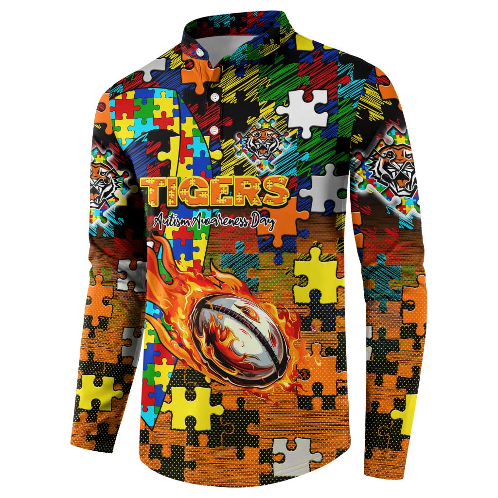 Tigers Autism Awareness Button Sweatshirt Puzzle Flames Rugby Ball