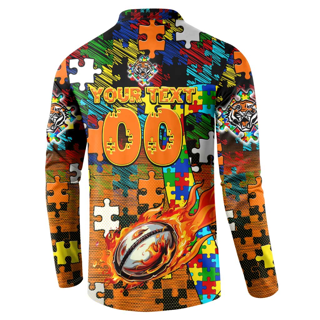Tigers Autism Awareness Button Sweatshirt Puzzle Flames Rugby Ball