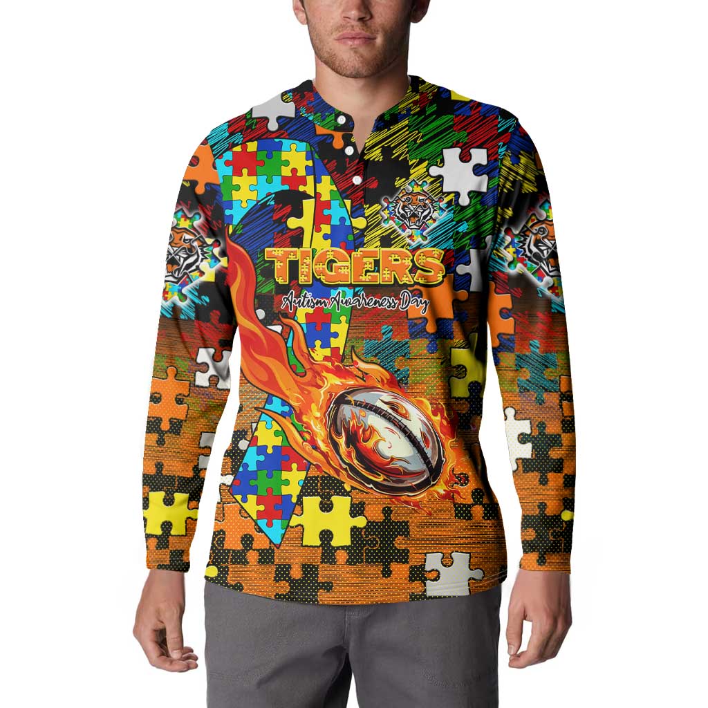 Tigers Autism Awareness Button Sweatshirt Puzzle Flames Rugby Ball