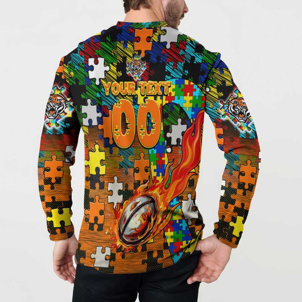 Tigers Autism Awareness Button Sweatshirt Puzzle Flames Rugby Ball