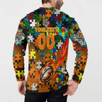Tigers Autism Awareness Button Sweatshirt Puzzle Flames Rugby Ball