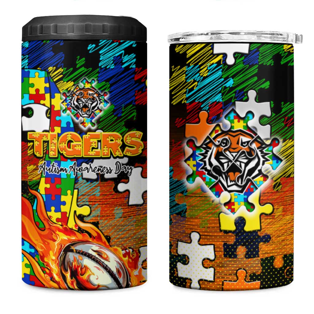 Tigers Autism Awareness 4 in 1 Can Cooler Tumbler Puzzle Flames Rugby Ball