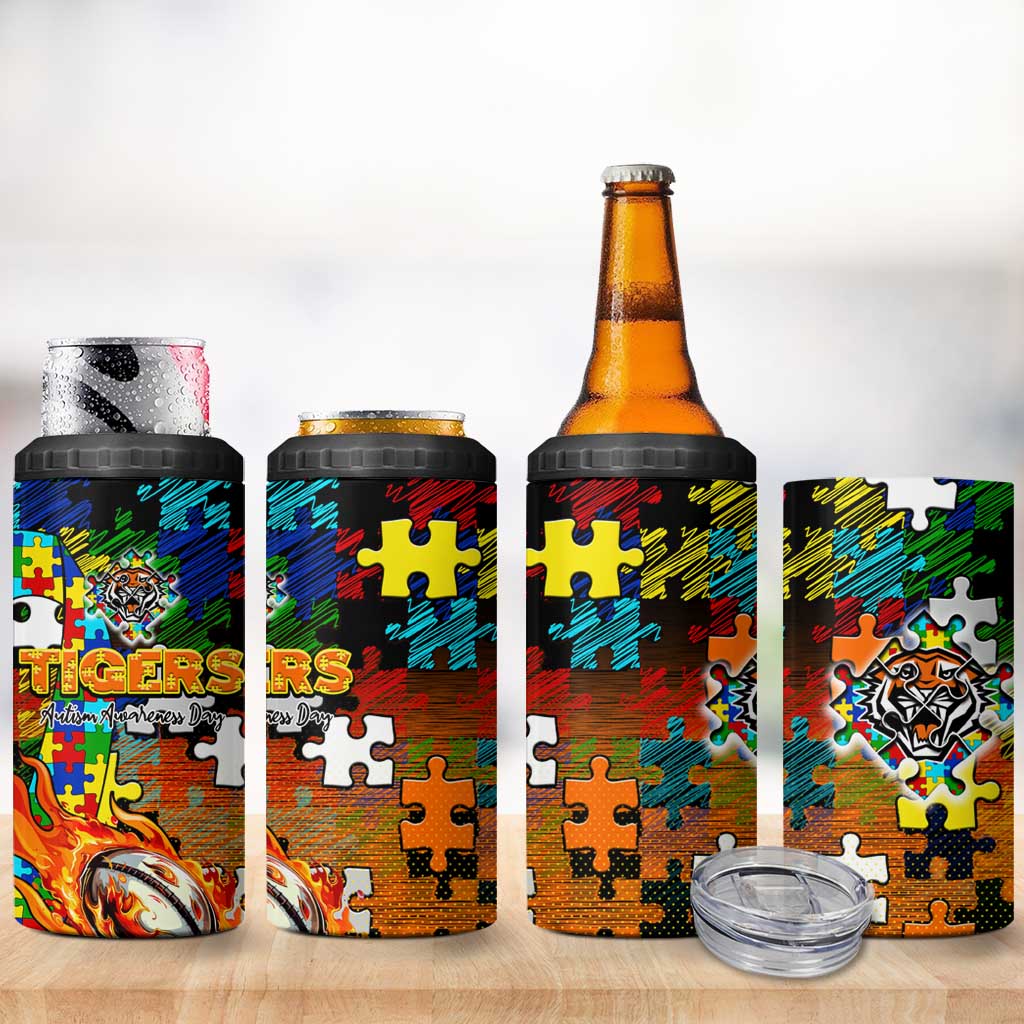 Tigers Autism Awareness 4 in 1 Can Cooler Tumbler Puzzle Flames Rugby Ball