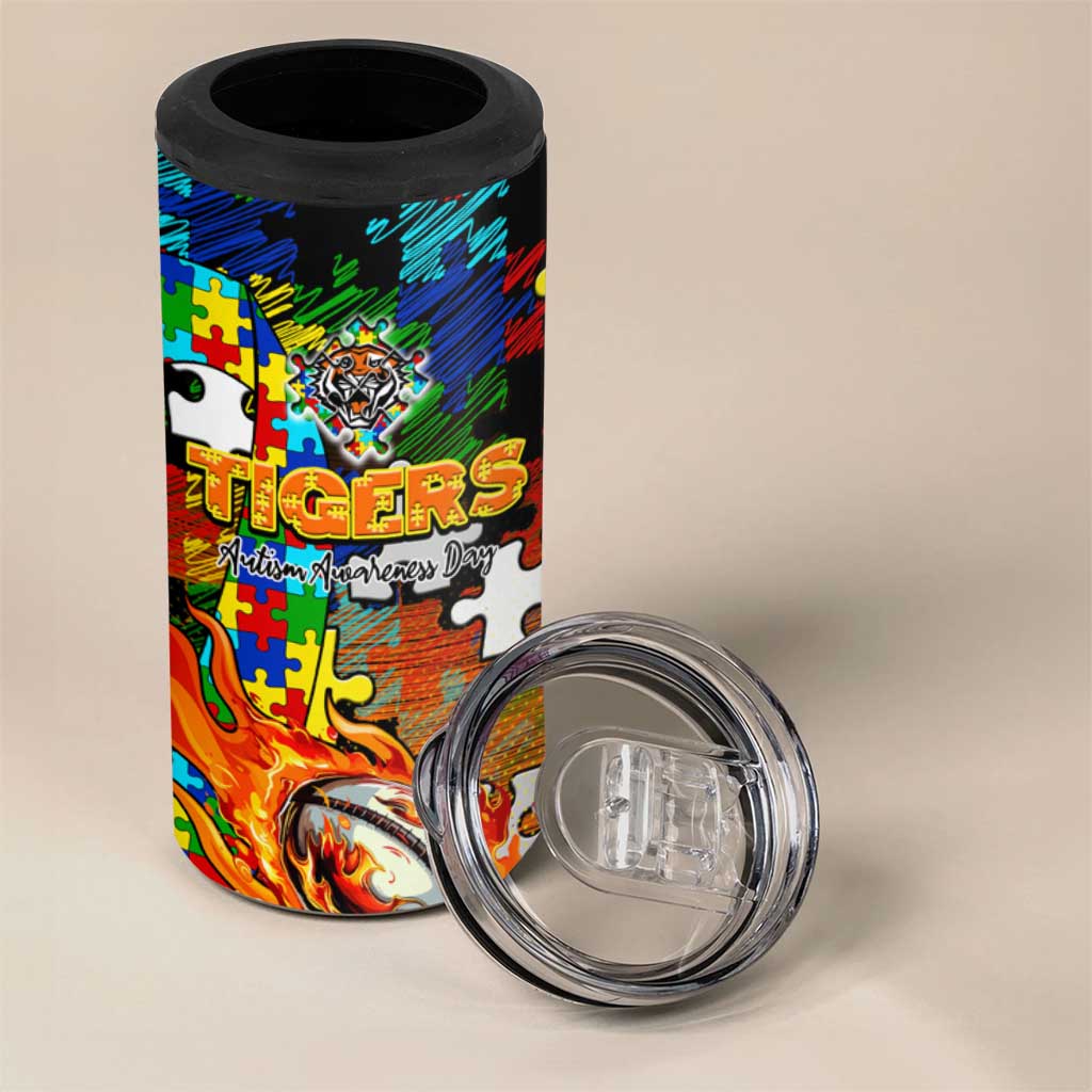 Tigers Autism Awareness 4 in 1 Can Cooler Tumbler Puzzle Flames Rugby Ball