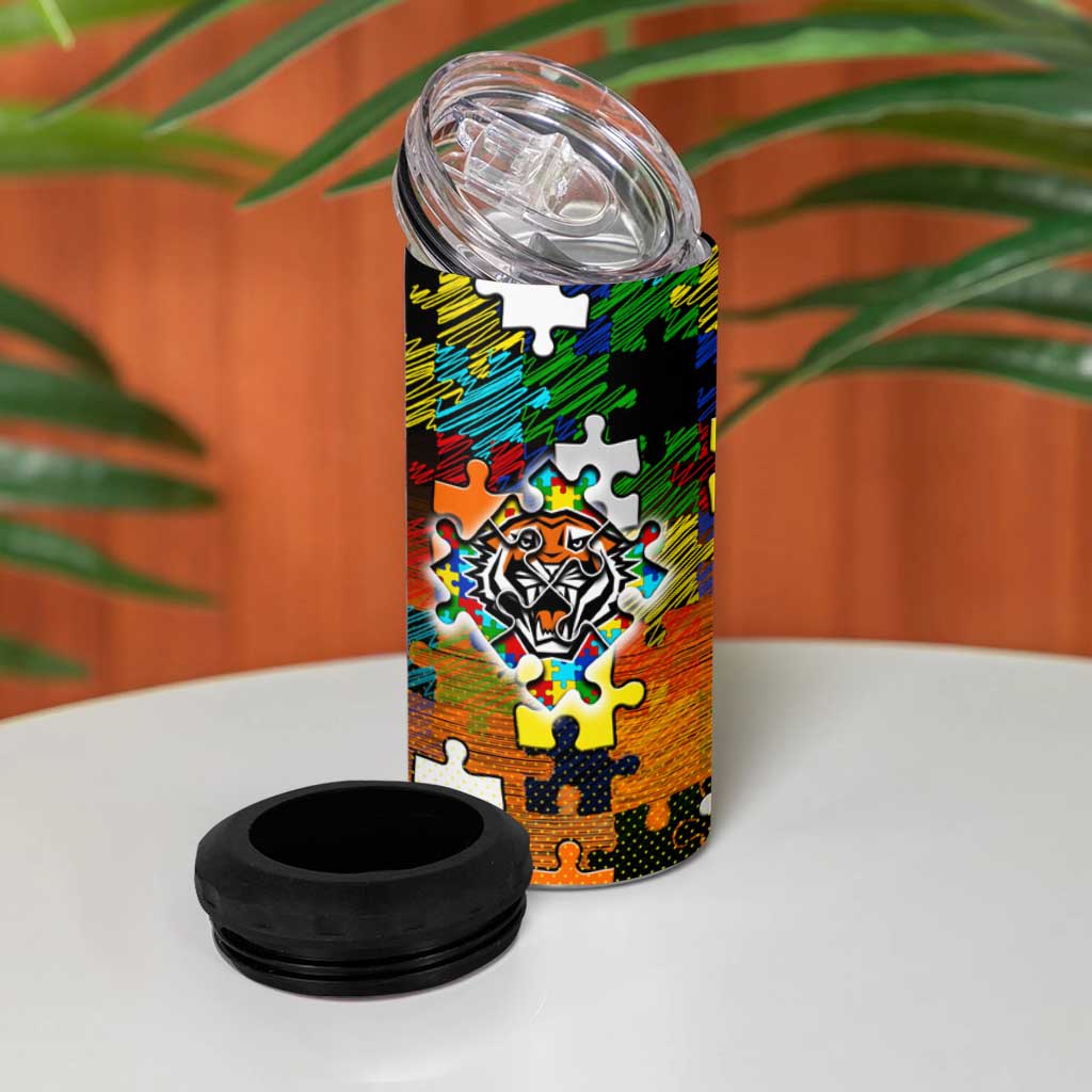 Tigers Autism Awareness 4 in 1 Can Cooler Tumbler Puzzle Flames Rugby Ball