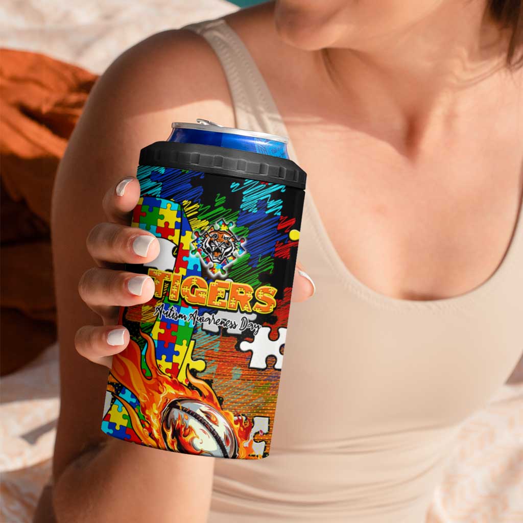 Tigers Autism Awareness 4 in 1 Can Cooler Tumbler Puzzle Flames Rugby Ball