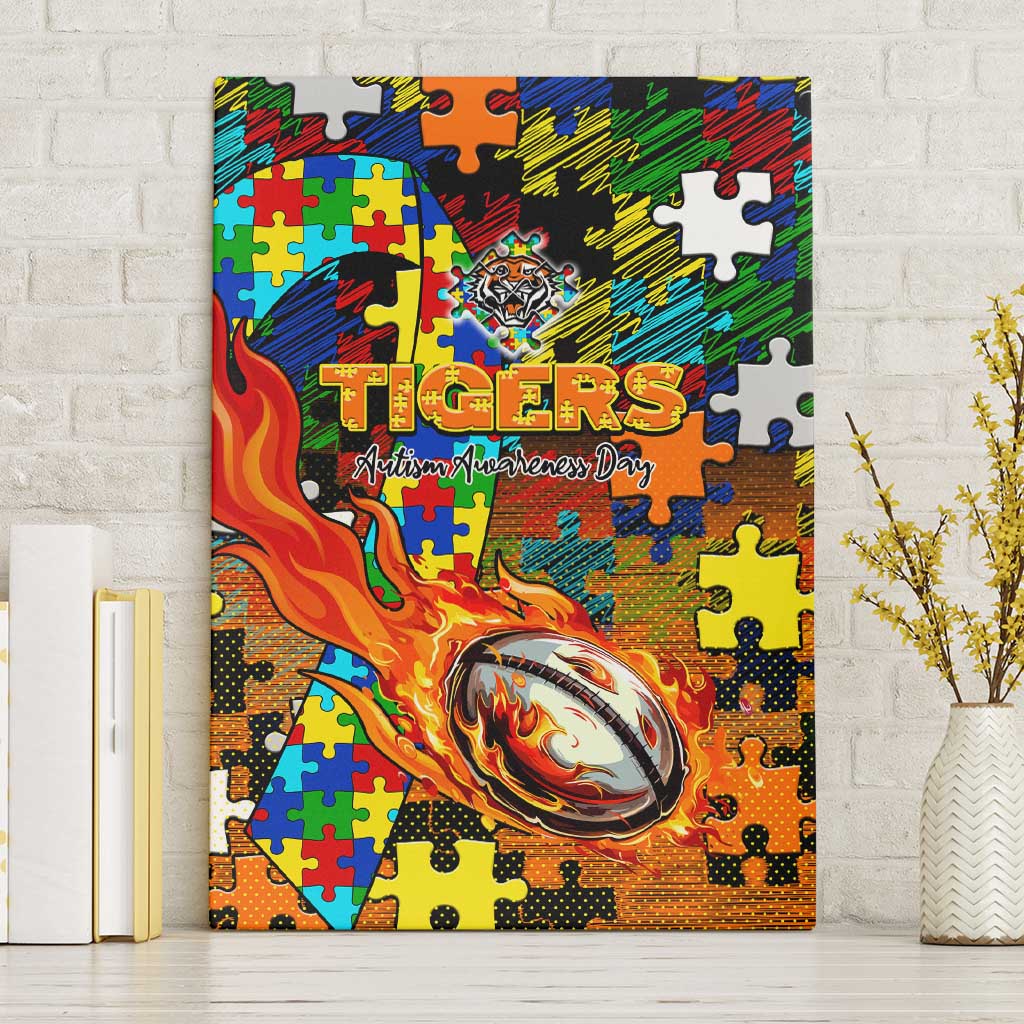 Tigers Autism Awareness Canvas Wall Art Puzzle Flames Rugby Ball