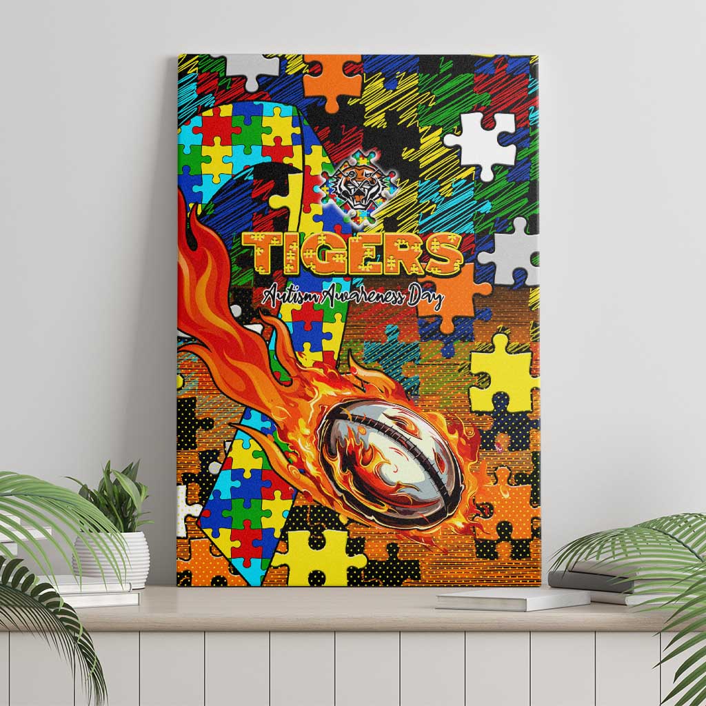 Tigers Autism Awareness Canvas Wall Art Puzzle Flames Rugby Ball