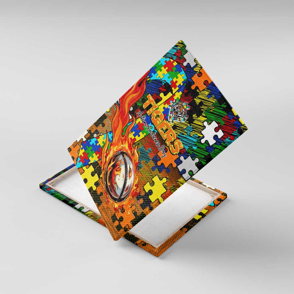 Tigers Autism Awareness Canvas Wall Art Puzzle Flames Rugby Ball