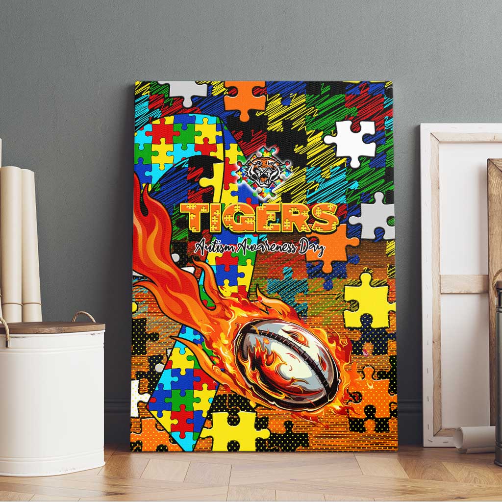 Tigers Autism Awareness Canvas Wall Art Puzzle Flames Rugby Ball