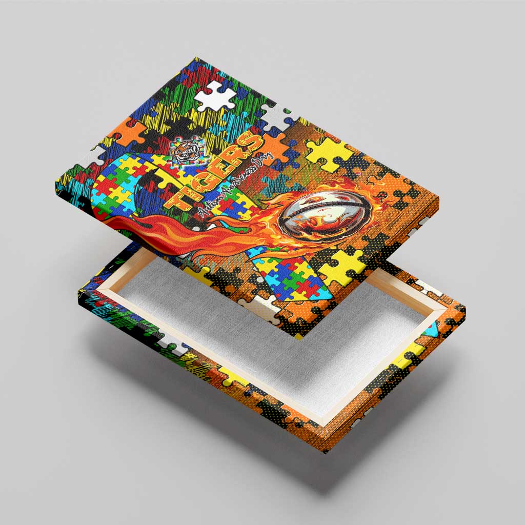 Tigers Autism Awareness Canvas Wall Art Puzzle Flames Rugby Ball