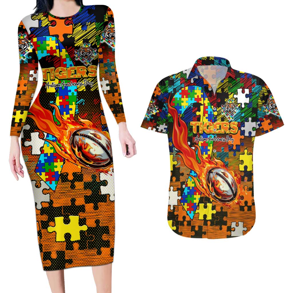 Tigers Autism Awareness Couples Matching Long Sleeve Bodycon Dress and Hawaiian Shirt Puzzle Flames Rugby Ball