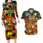 Tigers Autism Awareness Couples Matching Long Sleeve Bodycon Dress and Hawaiian Shirt Puzzle Flames Rugby Ball