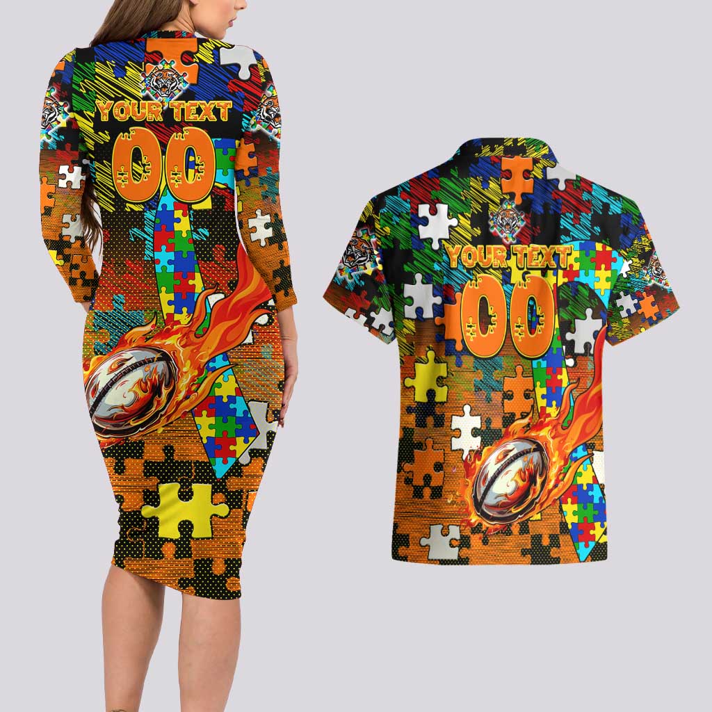 Tigers Autism Awareness Couples Matching Long Sleeve Bodycon Dress and Hawaiian Shirt Puzzle Flames Rugby Ball