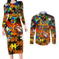 Tigers Autism Awareness Couples Matching Long Sleeve Bodycon Dress and Long Sleeve Button Shirt Puzzle Flames Rugby Ball